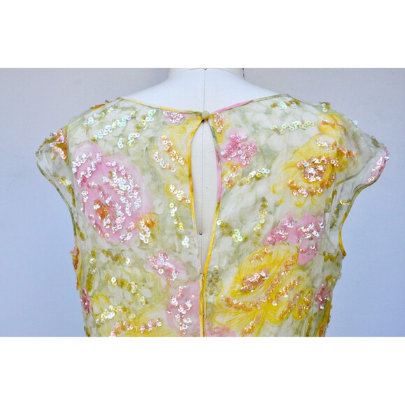 Nat Kaplan SILK Floral 50s Dress Sequined Beaded Pencil Wiggle Dress Bombshell - Picture 4 of 10